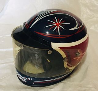 Vintage Polaris Snowmobile Helmet Star And Stripes Red White & Clear Face Shield