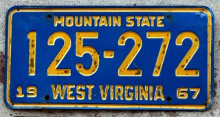 1967 Gold Lettering Incused On Blue West Virginia License Plate