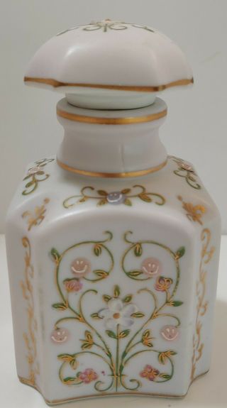 Vintage Perfume Bottle W/ Stopper Lid Pink Porcelain Hand Painted Floral Design