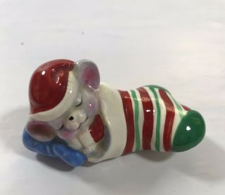 Vintage Christmas Ornament Mouse In Stocking Sleeping Ceramic Holiday Decor Xmas