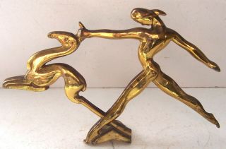 Vtg Art Deco Solid Brass Nude Woman Lady W/gazelle Antelope Sculpture Ornament
