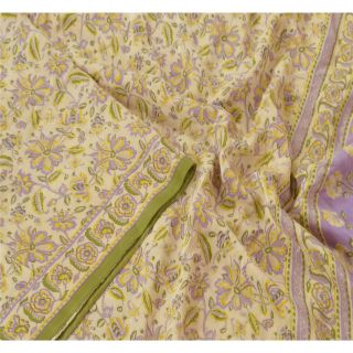 Sanskriti Vintage Cream Saree Pure Silk Printed Sari Decor Soft 5yd Craft Fabric