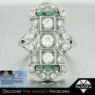 1920s Antique Art Deco Platinum 2.  21ctw Diamond Emerald Cocktail Ring Egl $8,  325
