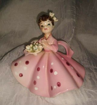 Vintage Lefton Porcelain Figurine 4 " Girl In Pink Dress Holding Flowers 1450c