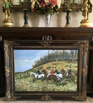 Antique Style Oil Painting Old English Country Landscape Fox Hunt Scene Framed