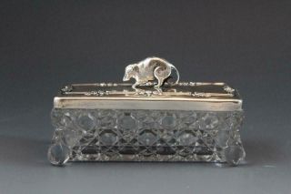 1909 Antique English Sterling Silver & Cut Crystal Box W/ Rat Mouse Finial