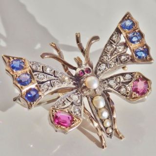 Antique Victorian 9ct Gold Diamond Ruby Sapphire & Pearl Butterfly Brooch C1895