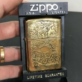Vintage Zippo Gold Tone Camel Ornate Etched Novelty Pocket Lighter