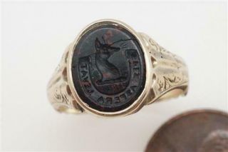 Antique Victorian English Bloodstone Signet Ring C1860 Fox Crest Ross Family
