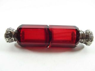 Cranberry Glass Double Ended Scent Bottle With White Metal Mount & Lid R1099/3