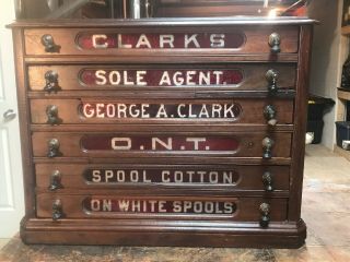 Country Store Display Clark’s Six Drawer Spool Cabinet Red Glass