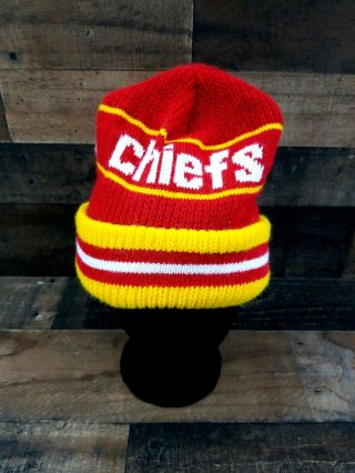 Vintage Kansas City Chiefs Beanie Knit Winter Hat Nfl Mahomes Reid Made In Usa