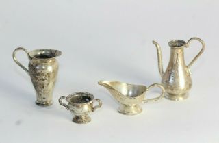 Vintage Sterling Silver Miniature Dollhouse Coffee Pot,  Pitcher,  Gravy & Sugar