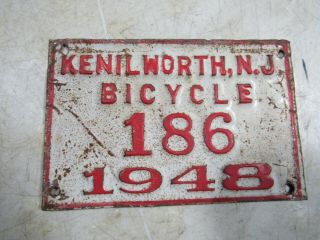 Vintage 1948 Kenilworth Nj Jersey Bicycle License Plate Tag 186 Embossed