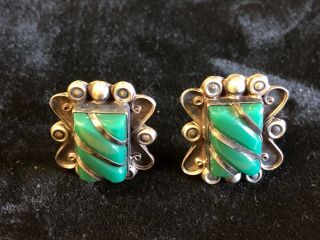 Vintage Mexico Sterling Silver Green Onyx Screw - Back Earrings