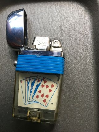 Vintage Scripto Vu - Lighter Royal Flush Hearts Cards Gambling Blue Band