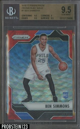2016 - 17 Panini Prizm Ruby Wave 1 Ben Simmons 76ers Rc Rookie Bgs 9.  5