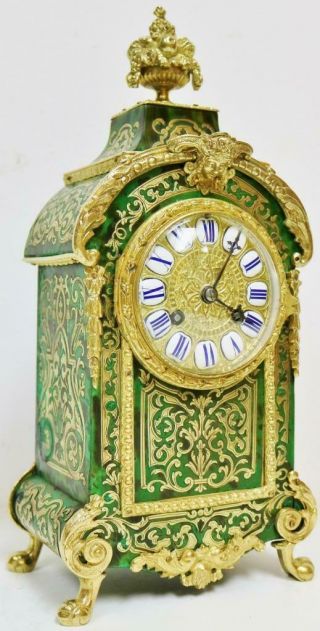 Rare Antique French 8 Day Green Shell & Inlaid Boulle Bronze Ormolu Mantel Clock