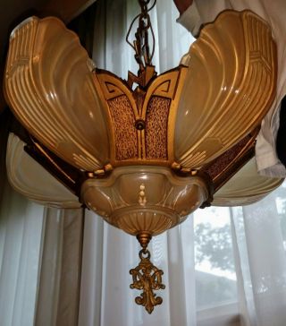 A Vintage Markel Art Deco Chandeliers from the 1930 ' s Amber Slip Shade 2