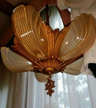 A Vintage Markel Art Deco Chandeliers from the 1930 ' s Amber Slip Shade 3