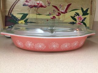 Pyrex Vintage Pink Daisy Oval Divided Casserole Dish 1.  5 Qt Pyrex Lid Complete