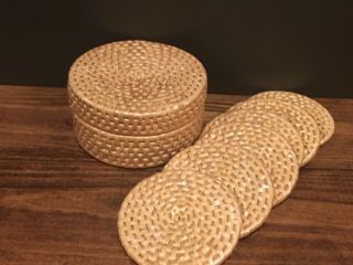 Set Of 6 Vintage Wovern Wicker Rattan Grass Coasters With Woven Basket Holder