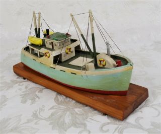 Vintage Folk Art Wood Carved Hand Painted Tug Boat Model Nautical Maritime