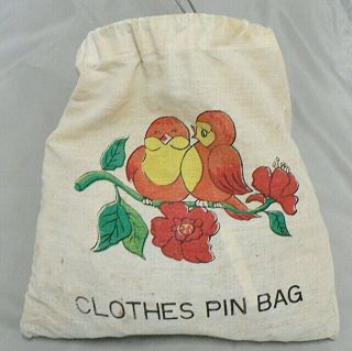 Vintage Cloth Clothes Pin Bag With Red Birds And Clothes Pins