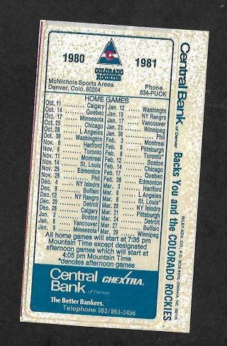 Colorado Rockies 1980 - 81 Schedule,  Nhl Hockey,  1 Page Sticker,  2 1/2 " X 4 1/2 "