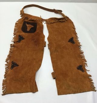 Little Buck A Roo Chaps Childs M Leather Suede Vintage Cowboy Cowgirl Usa