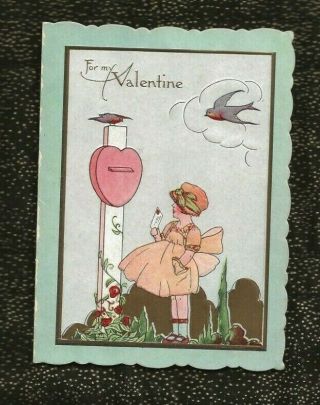 Vintage Art Nouveau Embossed Valentine; Little Girl Mailing Letter; Robins