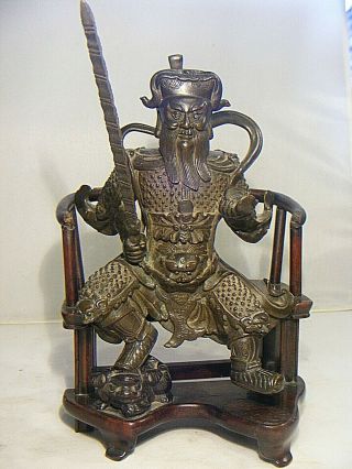 Antique Chinese Bronze Figure Guan Gong Warrior With Wooden Seat 16th Cent