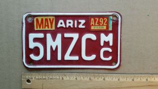 License Plate,  Arizona,  1992,  Motorcycle,  5 Mzc Mc