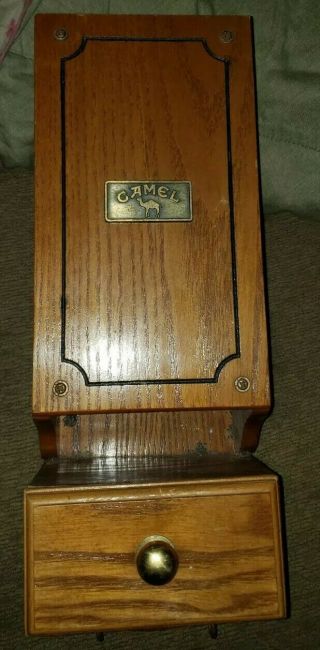 Vintage Camel Oak Wood Cigarette Pack Dispenser W/ Drawer Key Hooks Missing Top