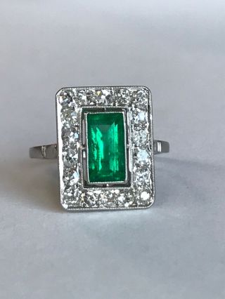 Antique Art Deco Platinum & Colombian Emerald & 1.  00 Carat Diamond Ring