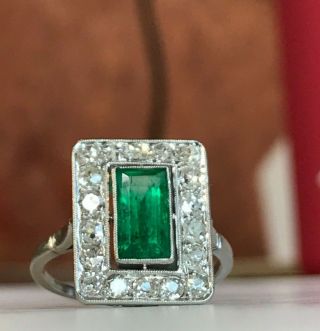 Antique Art Deco Platinum & Colombian Emerald & 1.  00 Carat Diamond Ring 2