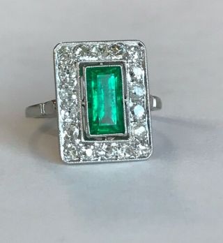 Antique Art Deco Platinum & Colombian Emerald & 1.  00 Carat Diamond Ring 3