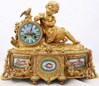 French Antique Mantle Clock Bronze & Sevres Figural 8 Day Bell Striking