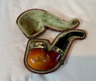 Vintage Antique Briar Gold Trim Pipe W/original Case