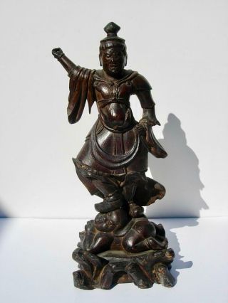 A Large Antique Japanese Carved Wood Figure Of Guardian King