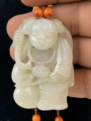 Chinese White Mutton Jade Boy Necklace With Fine Carving Qing Period