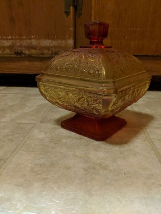 Vtg Amberina Red Yellow Oak Leaf Acorn Depression Ware Glass Candy Dish With Lid
