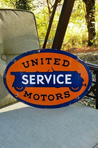 United Service Motors Oval Porcelain Sign Vintage Parts Dealer Service Station