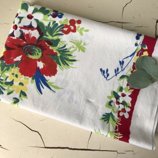 Vtg Red Yellow Flowers Cotton Tablecloth Retro Kitchen 50s Wilendur Linens