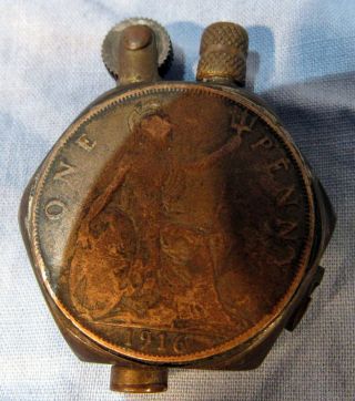 Vintage Antique 1916 Trench Art Lighter British Copper Penny Ww1