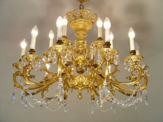 Large 18 Light Brass Crystal Chandelier Glass Chains Old Lamp Antique Fixtures