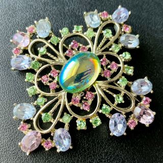 Sign Dodds Vintage Pink Green Crystal Rhinestone Ab Glass Flower Brooch Pin 560