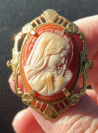 Vintage Madonna Holy Virgin Mary 1/20 12 Kt Gold - Filled Carved Cameo Brooch Pin