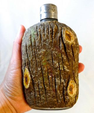 Early 20th C Vint Glass Liquor Flask W/tin Cap Wrapped In Hand Painted Wood Bark