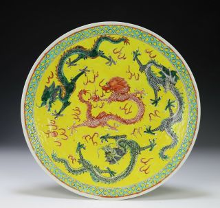 Large Antique Chinese Enameled Porcelain Charger Plate With Dragons